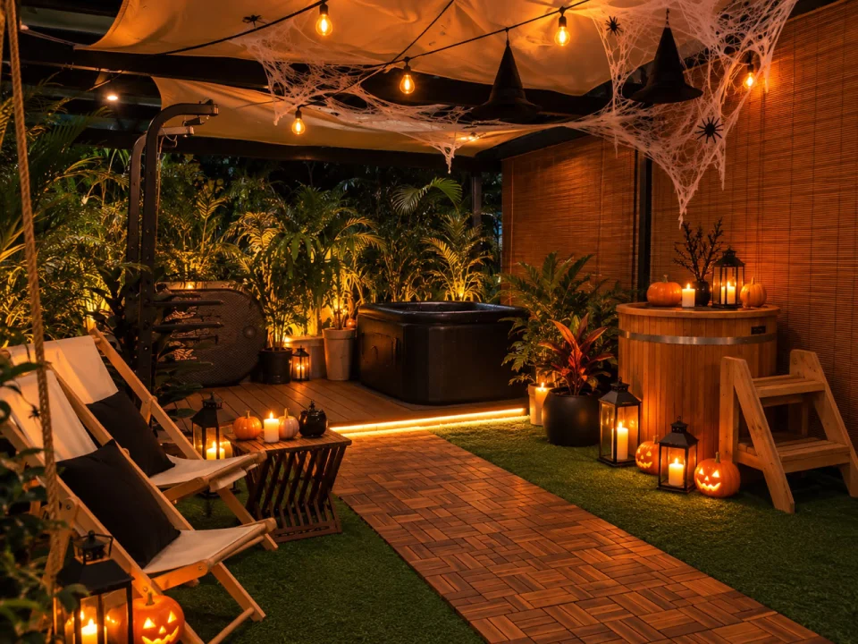 Outdoor plunge area with lanterns, loungers and Halloween decorations at The Contrast Garden