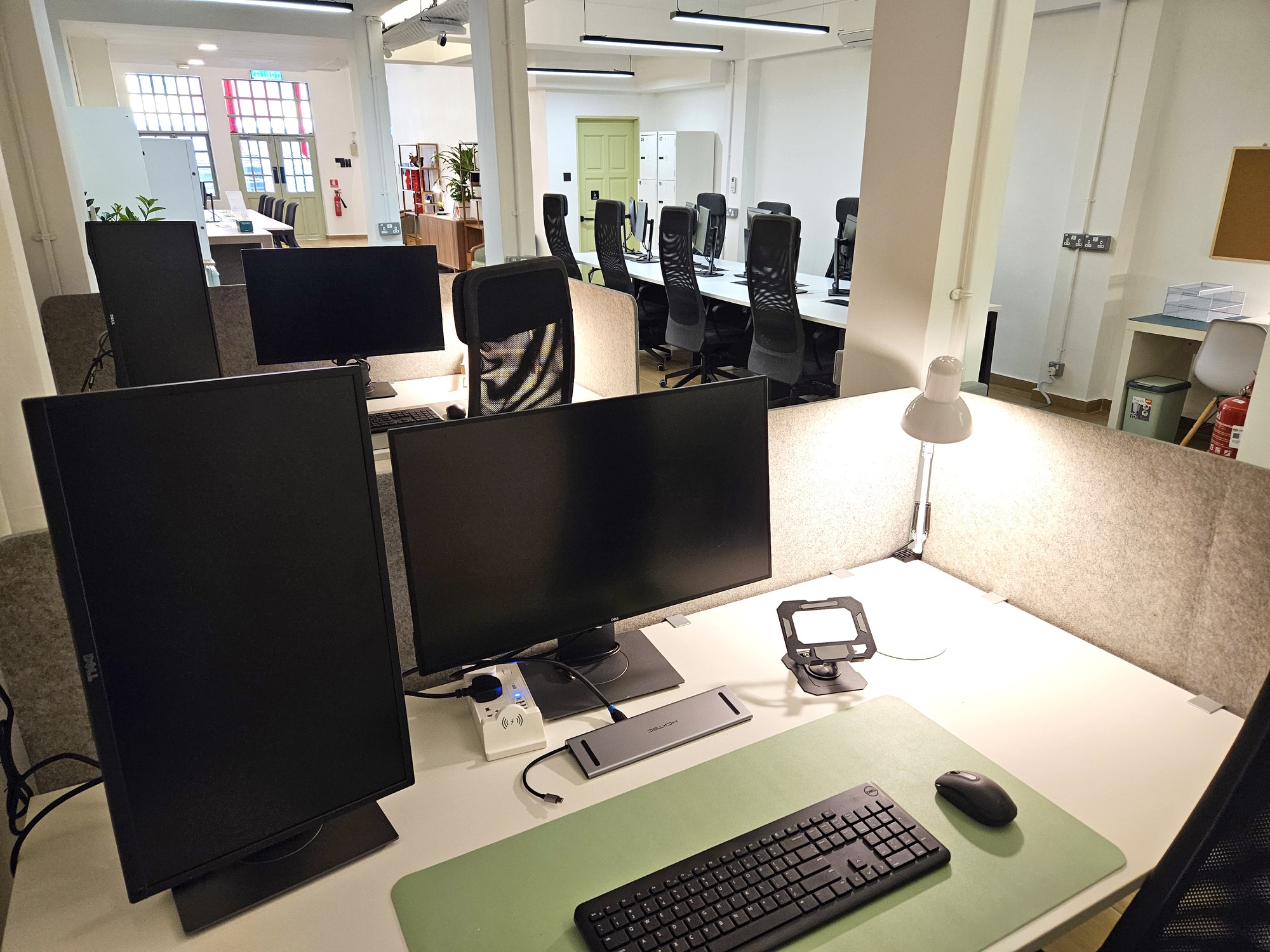 Developer workstation with a 27-inch monitor and a vertical 24-inch monitor